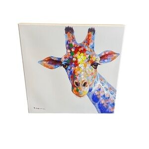 Colorful Giraffe Painting Print on Wrapped Canvas Pure White Background
